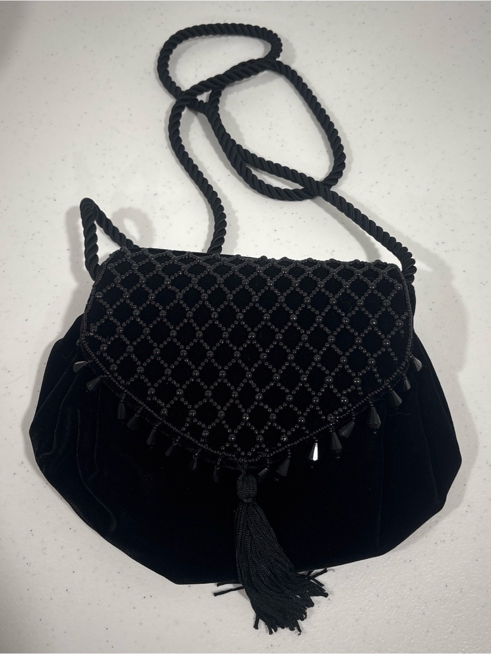 Lord & Taylor Black Beaded Velvet Shoulder Bag with Tassel